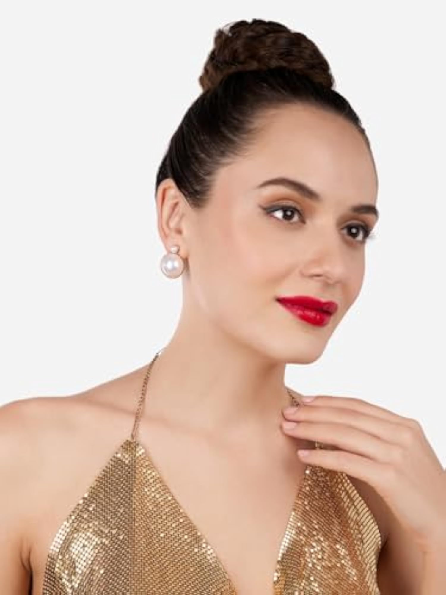 Gold Tone Pearls Embellished Statement Studs Earrings